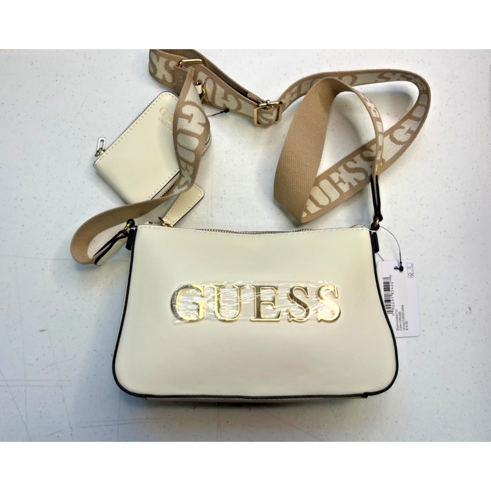 GUESS Cream and Brown Caracara Zip-Top Crossbody